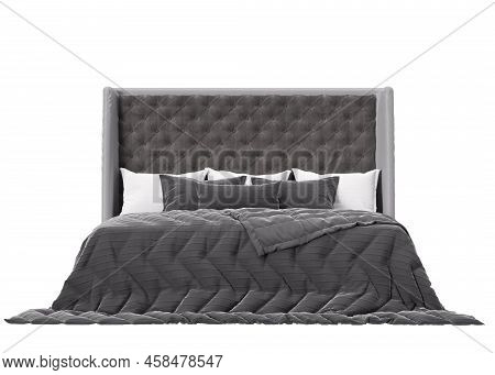Double Bed Isolated On White Background. Front View. Classic Furniture. Grey And White Bedding. Beau
