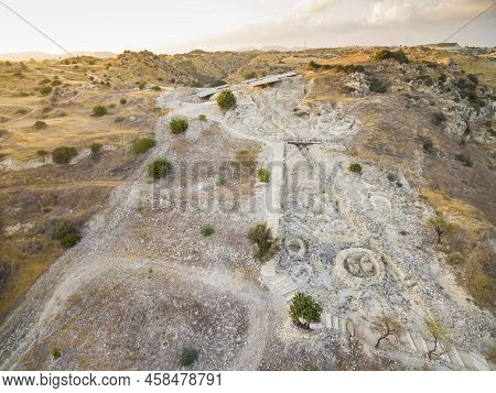 Aerial Bird's Eye View Of Unesco World Heritage Site Choirokoitia, Larnaca, Cyprus. View Of Khirokoi