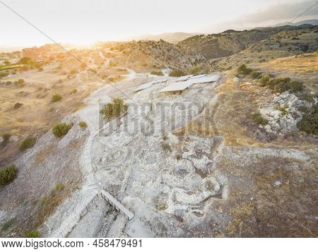 Aerial Bird's Eye View Of Unesco World Heritage Site Choirokoitia, Larnaca, Cyprus. View Of Khirokoi