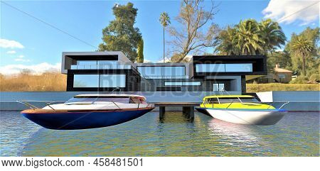 Luxury High-tech House On The Beach. Two Speed Boats Are Moored At The Reinforced Concrete Pier. Aut