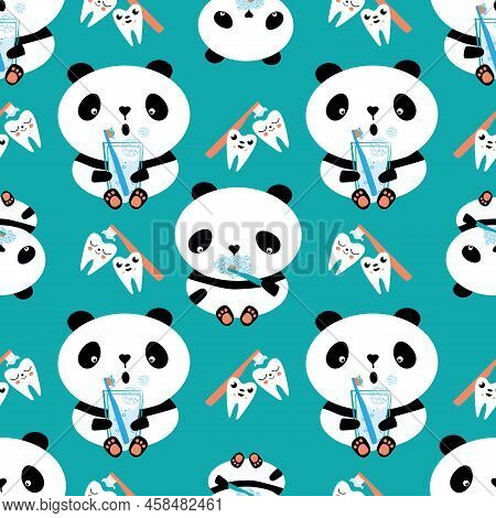 Kawaii Panda Kids Dental Health Care Vector Educational Seamless Pattern Background. Cute Cartoon Be