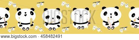 Kawaii Panda Kids Dental Health Care Vector Educational Seamless Border. Banner With Cute Cartoon Be