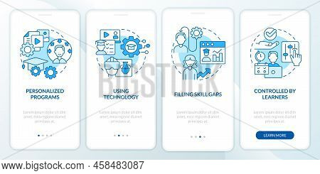 Micro Learning Strategies Blue Onboarding Mobile App Screen. Walkthrough 4 Steps Editable Graphic In