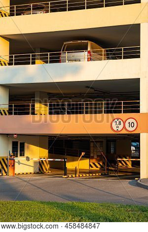 Moscow, Russia - July 09, 2022: Multi-level Car Park Entrance. High Quality Photo