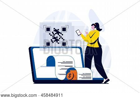 E-payment Process Concept With People Scene In Flat Cartoon Design. Woman Receives Invoice For Payme