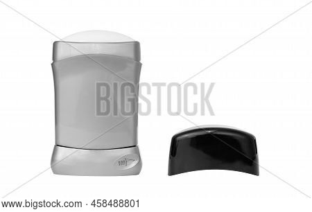 Open Bottle Of Deodorant On A White Background. Gray Bottle Of Dry Deodorant.