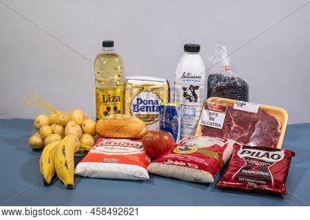 Rio, Brazil - May 22, 2022: Brazilian Basic Food Basket Composed Of 13 Products: Meat, Milk, Rice, B