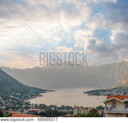 Sunset At Kotor Bay Montenegro. Sunset Beautiful Landscape. Travel Concept. Montenegro, Kotor Bay. V