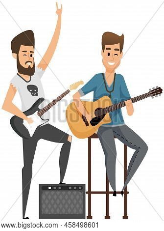 Guitarist Sitting With Guitar In Spotlight Hand Over Strings. Artist Performing, Making Live Music. 