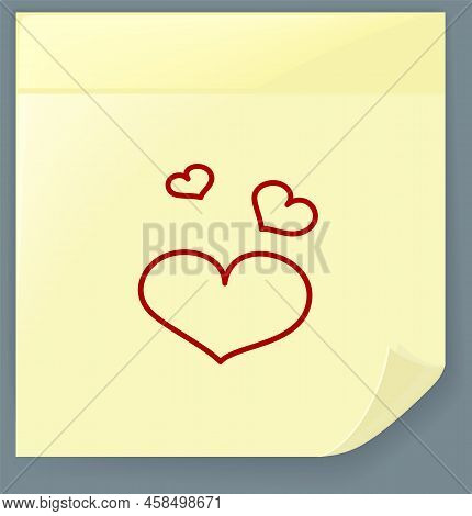 Hand Drawn Doodle Red Hearts Abstract Pattern On Yellow Papaer Sheet. Valentine Day Heart Illustrati