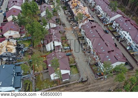 Hostomel, Kyev Region Ukraine - 09.04.2022: Top View Of The Destroyed And Burnt Houses. Houses Were