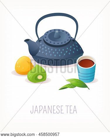 Japanese Green Tea Served In Traditional Iron Pot And Yunomi Tea Cup Served With Mochi Dessert. Vect