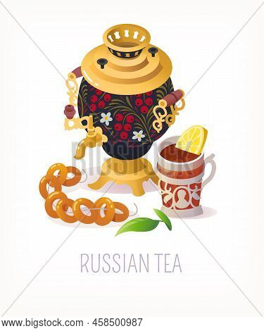 Russian Samovar With Black Tea With Lemon Served In Glass With Cupholder And Traditional Bagels. Vec