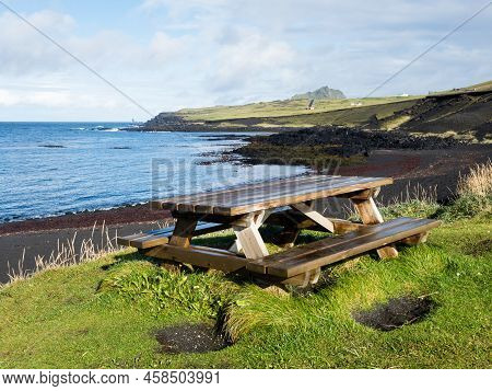 Picnic Table On Klauf Beach, Heimaey Island - Westman Islands, Iceland