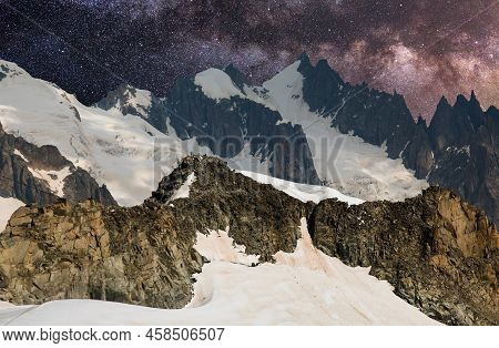 Amazing View Of Mont Blanc Massif At Night With Milky Star In The Background