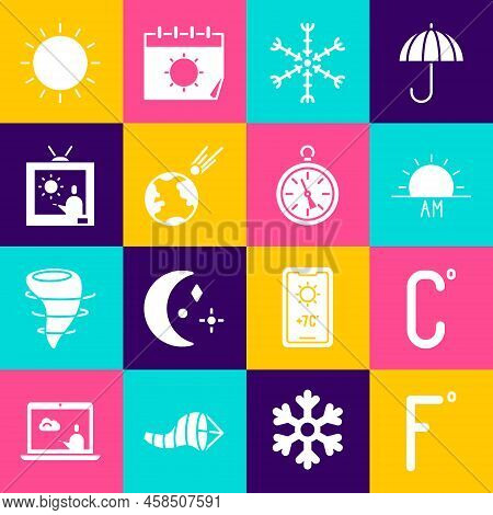 Set Fahrenheit, Celsius, Sunrise, Snowflake, Comet Falling Down Fast, Weather Forecast, And Compass 