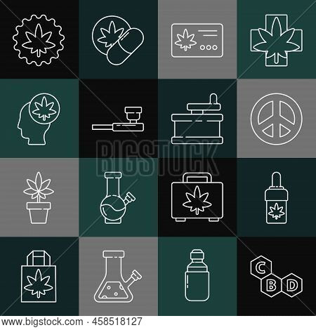 Set Line Cannabis Molecule, Marijuana Or Cannabis Olive Oil, Peace, Calendar And Marijuana Leaf, Smo