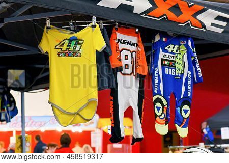 Perpignan, France - May 29 2017: Cute Motorcycle Costumes For Children Hang For Sale As Souvenirs. C