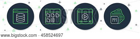 Set Line Browser Files, Online Play Video, Server, Data, Web Hosting And Processor Icon. Vector