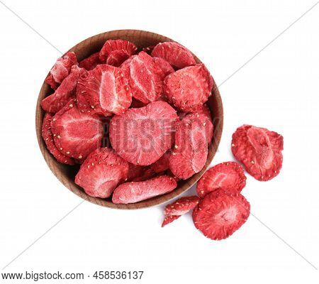 Freeze Dried Strawberries In Bowl On White Background, Top View