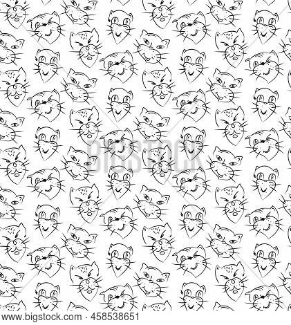 Cat Faces Seamless Pattern. Hand Drawn Paint Brush Doodle Stroks, Childish Images Of Home Pet Charac