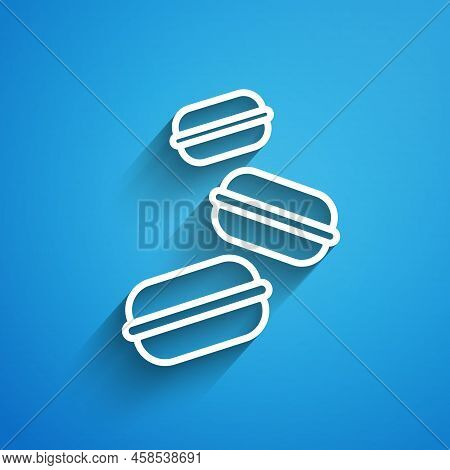 White Line Macaron Cookie Icon Isolated On Blue Background. Macaroon Sweet Bakery. Long Shadow. Vect