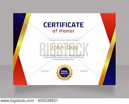 Honour Certificate For Winning Championship Design Template. Vector Diploma With Customized Copyspac