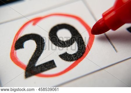 The Calendar 29th Day Of The Month Is Circled. A Red Marker Circles The Twenty-ninth Day Of The Mont
