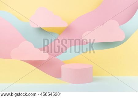 Tender Fashion Style Paper Abstract Stage Mockup - Pink Circle Podium, Pastel Mountain Landscape - Y
