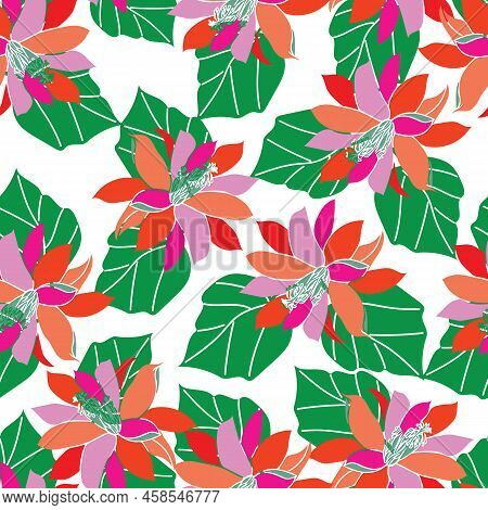 Seamless Abstract Vector Lily And Leaf Pattern On White Background.