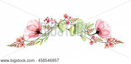 Watercolor Floral Border. Long Horizontal Design Element In Arch Shape. Two Big Poppy Flowers With E
