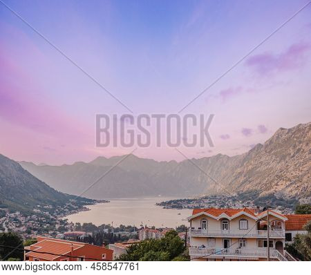 Sunset At Kotor Bay Montenegro. Sunset Beautiful Landscape. Travel Concept. Montenegro, Kotor Bay. V
