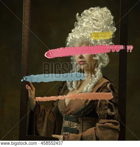 Creative Artwork. Portrait Of Girl In Image Of Medieval Viscountess With Multicolored Strokes Of Wat