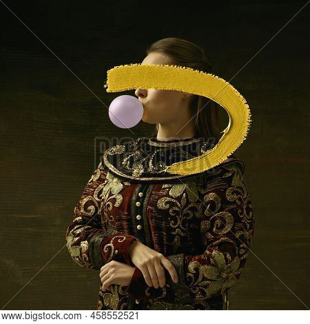 Creative Artwork. Portrait Of Girl In Image Of Medieval Princess Or Countess With Yellow Stroke Of W