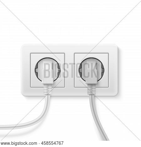 Two Plug Inserted In Double Wall Socket Realistic Vector Illustration.