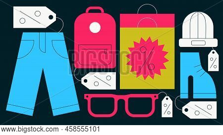 Sale Flat Vector Illustration. Clothes With Sale Price Tags, Jeans, Backpack, Glasses, Shoes, Bini A