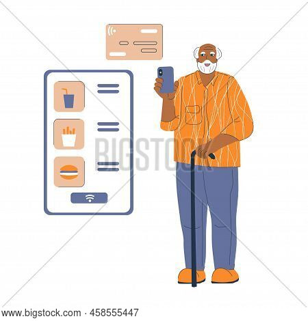 Modern Grandpa Contactless Payment Using Mobile Phone. Senior Men Cardless Smartphone Application Pa