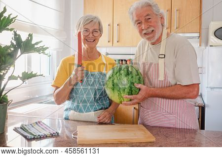 Cheerful Senior Caucasian Couple In Home Kitchen Holding A Big And Heavy Watermelon Ready To Cut It 