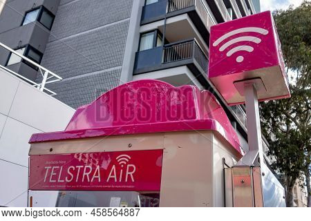 Perth, Western Australia - July 14, 2018: Phone Booth Of Telstra Air Telecommunication Company With 