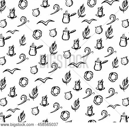 Turkish Set Pattern. Vector Illustration. Black Elements  Turkish Tea Pomegranate Coffee Simit Seagu