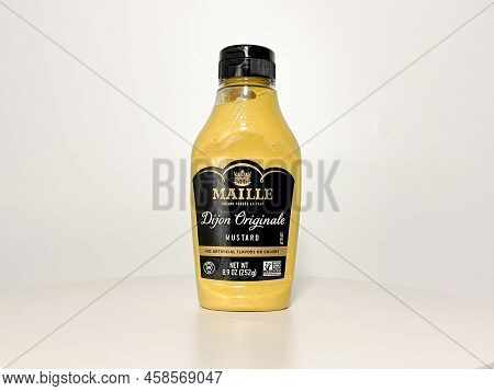 Orlando, Fl Usa - July 14, 2022:  A Bottle Of French Maille Dijon Originale Mustard On A White Backg