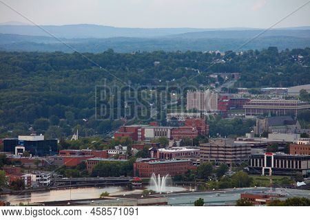 Sherbrooke City Landscape Quebec Canada Estrie Downtown River And Buildings