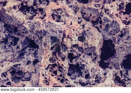 Abstract Nature Real Photo Background. Macro Close Up Details Dry Rock Crack Stone Solid Foamy Forma