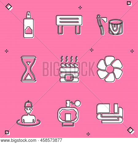 Set Spray Can For Hairspray, Sauna Wood Bench, Wooden Axe In Stump, Hourglass, Hot Sauna Stones, Flo