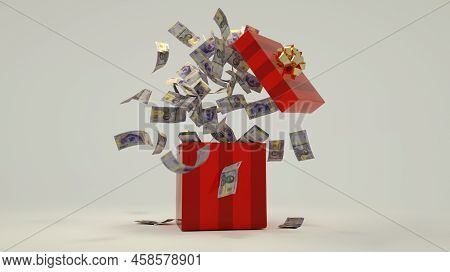 3d Rendering Of A Lot Of 5000 Angolan Kwanza Notes Coming Out Of An Opened Red Gift Box