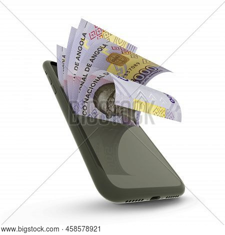 3d Rending Of 5000 Angolan Kwacha Notes Inside A Mobile Phone Isolated On White Background