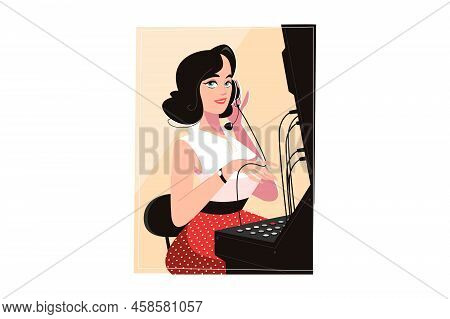 Telephone Operator Helps To Connect Customers Vector Illustration. Telephone Operator, Support Servi