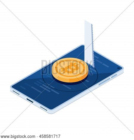 Flat 3d Isometric Hacker Use Saw Cutting The Floor To Stealing Bitcoin. Bitcoin Cryptocurrency Price
