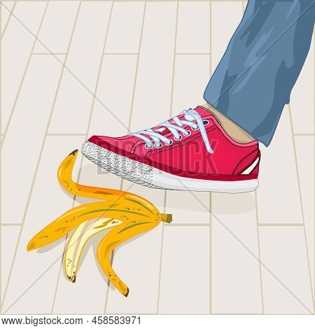 Foot In Shoe Step On Banana Peel. Leg Stepping On Dangerous Slippery Yellow Fruit Skin Lying On Side