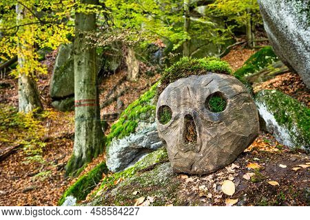 Wooden Skull In Autumn Time Colorful Beechwood Of Jizera Mountains